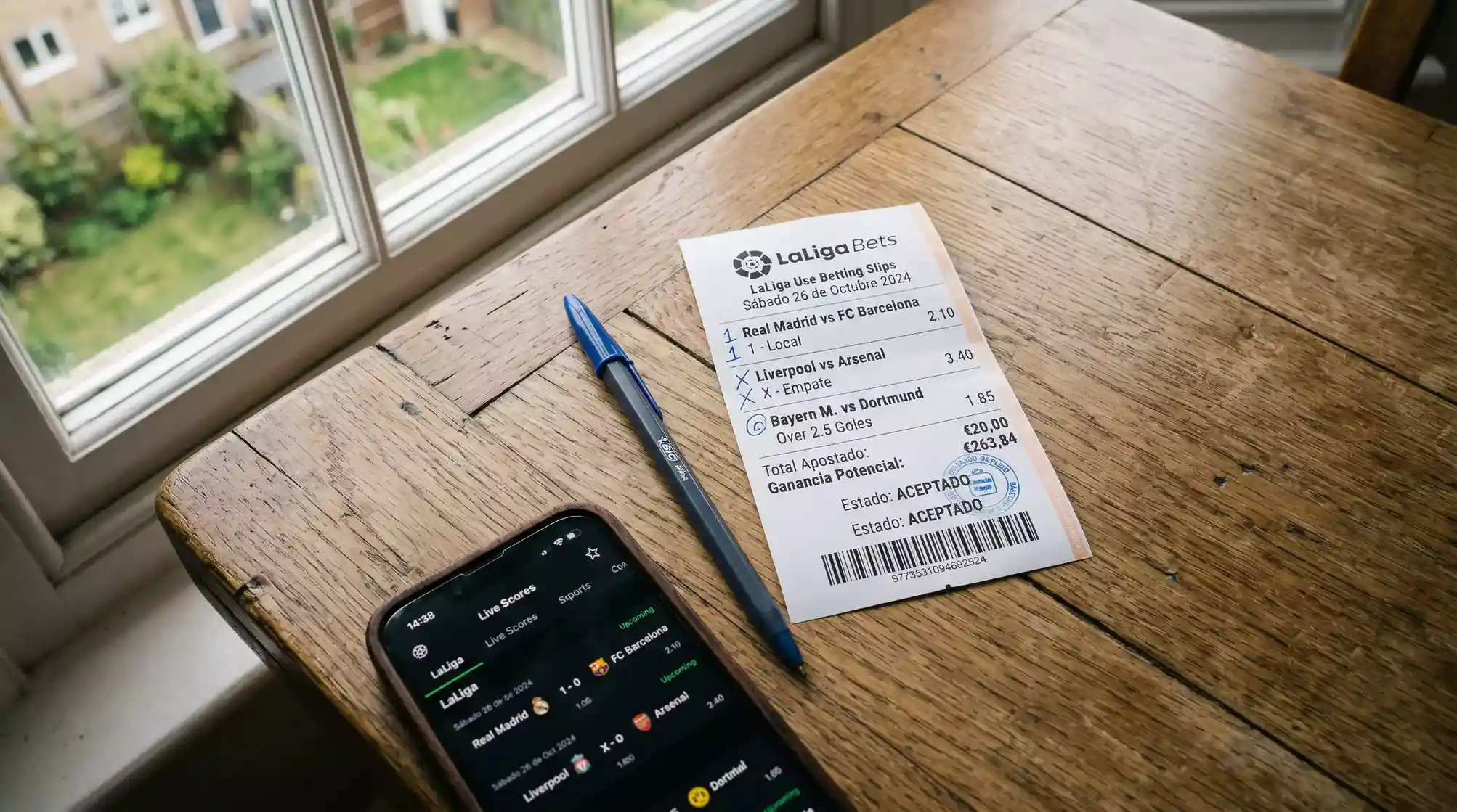 Boleto de apuestas deportivas sobre una mesa junto a un boligrafo y un telefono movil