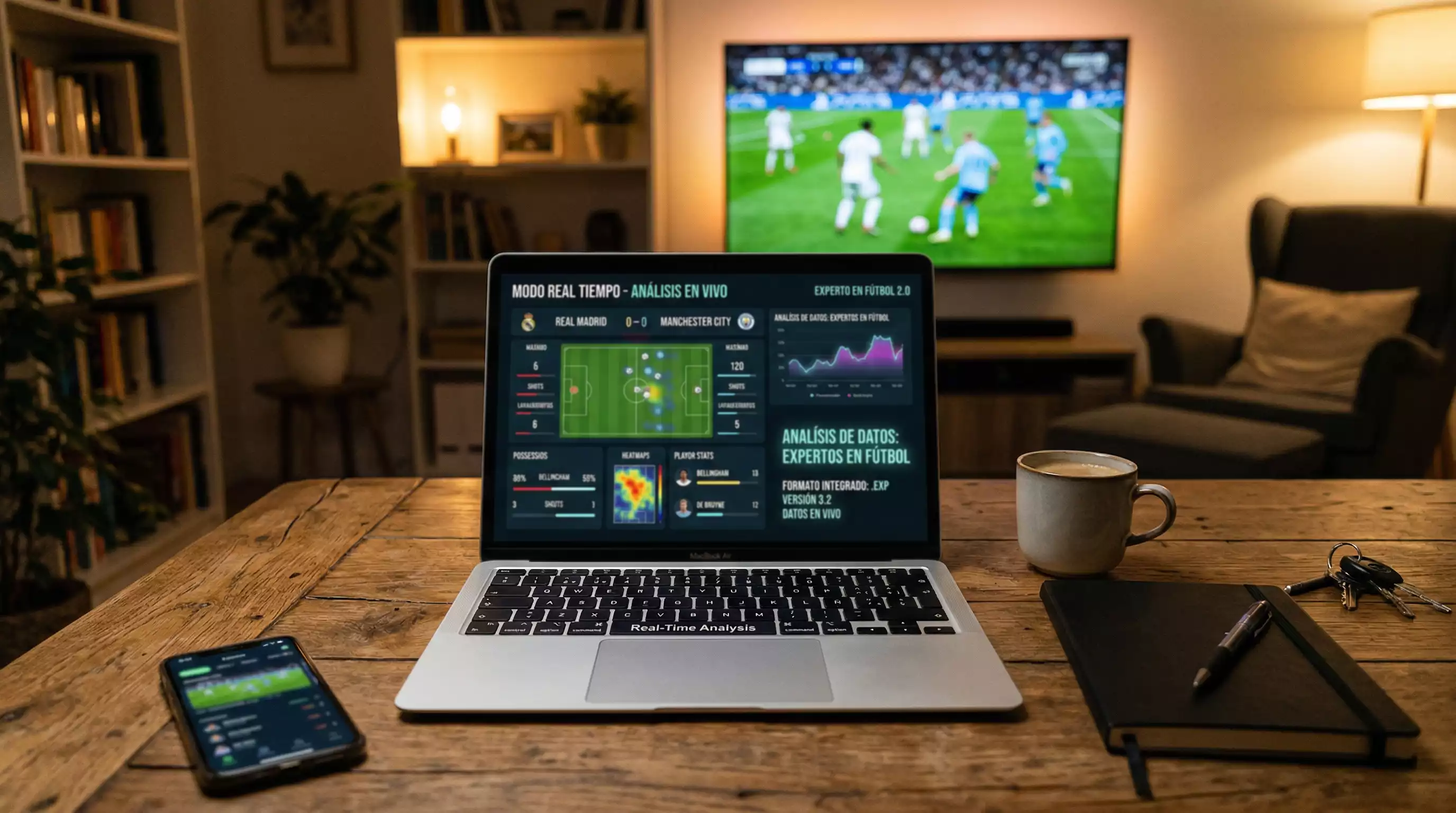 Telefono movil mostrando cuotas en directo sobre una mesa junto a un partido de futbol en television