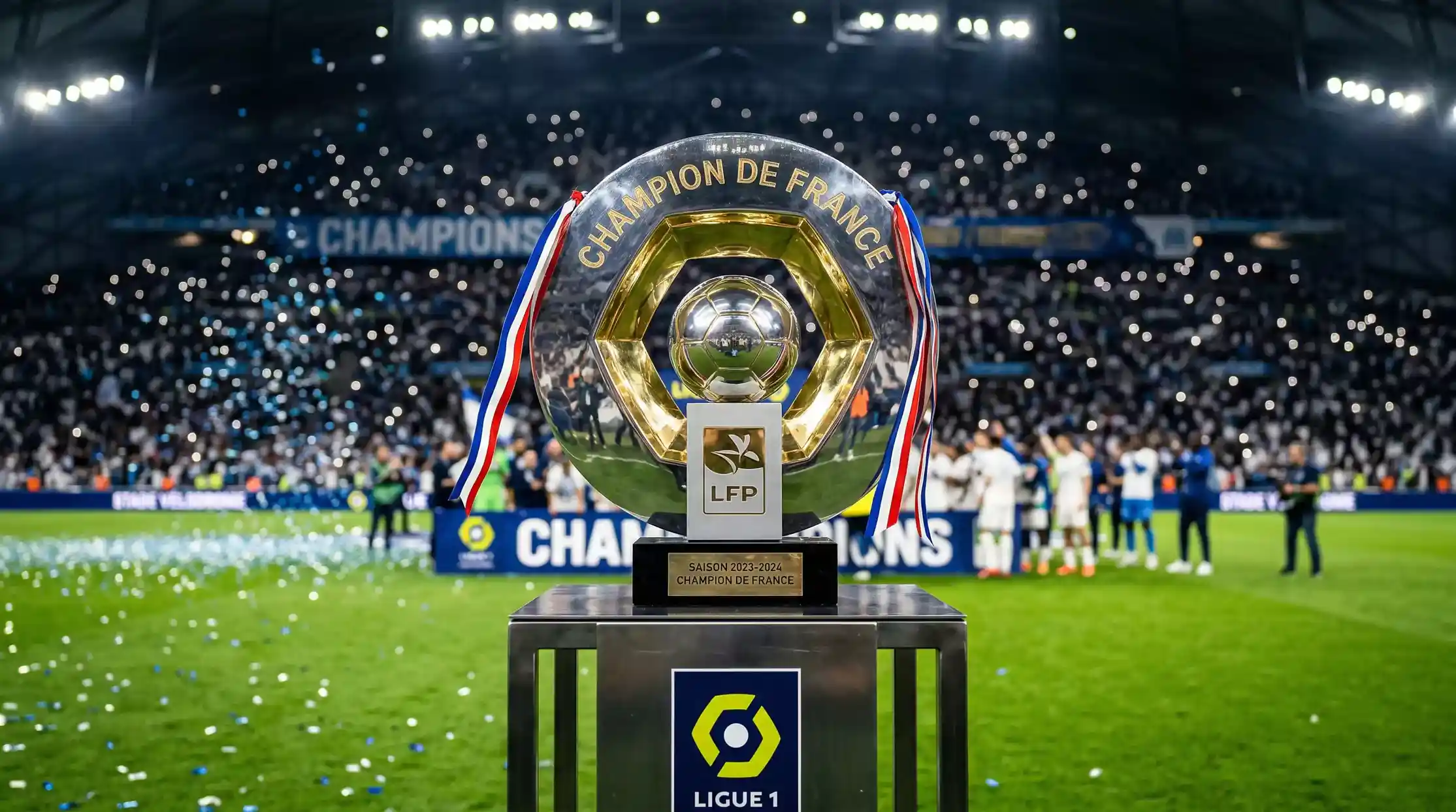 Trofeo de campeon de la Ligue 1 sobre un pedestal con el cesped de un estadio de fondo
