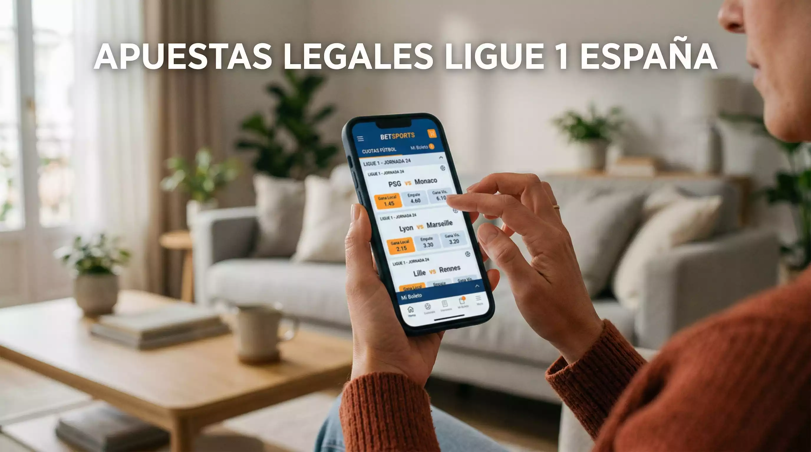 Mano sosteniendo un móvil con una aplicación de apuestas deportivas con licencia en España