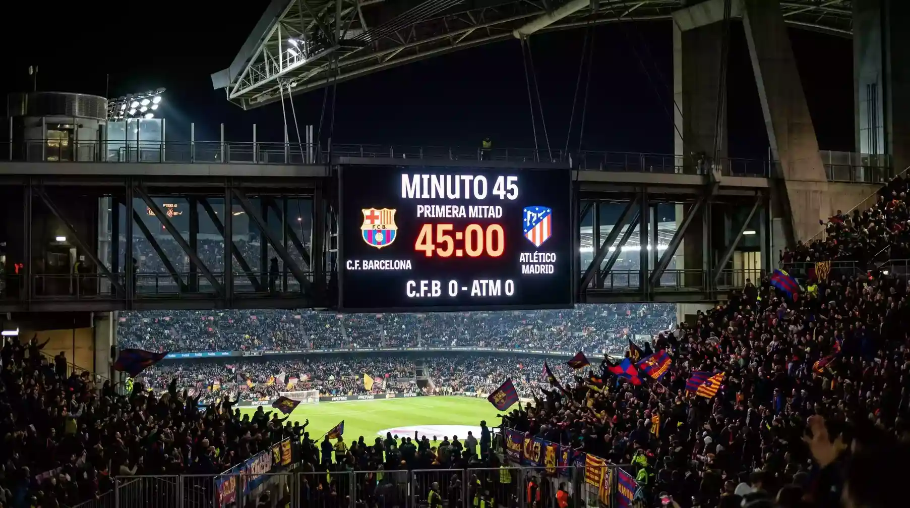 Marcador electronico de un estadio de futbol mostrando el minuto 45 del primer tiempo