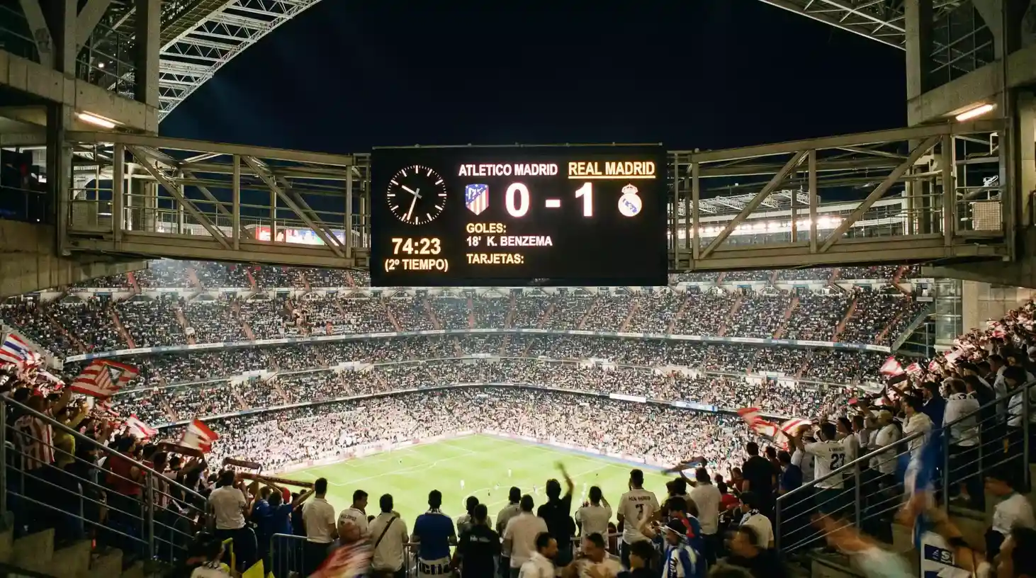 Marcador electronico de un estadio de futbol mostrando un resultado 1-0