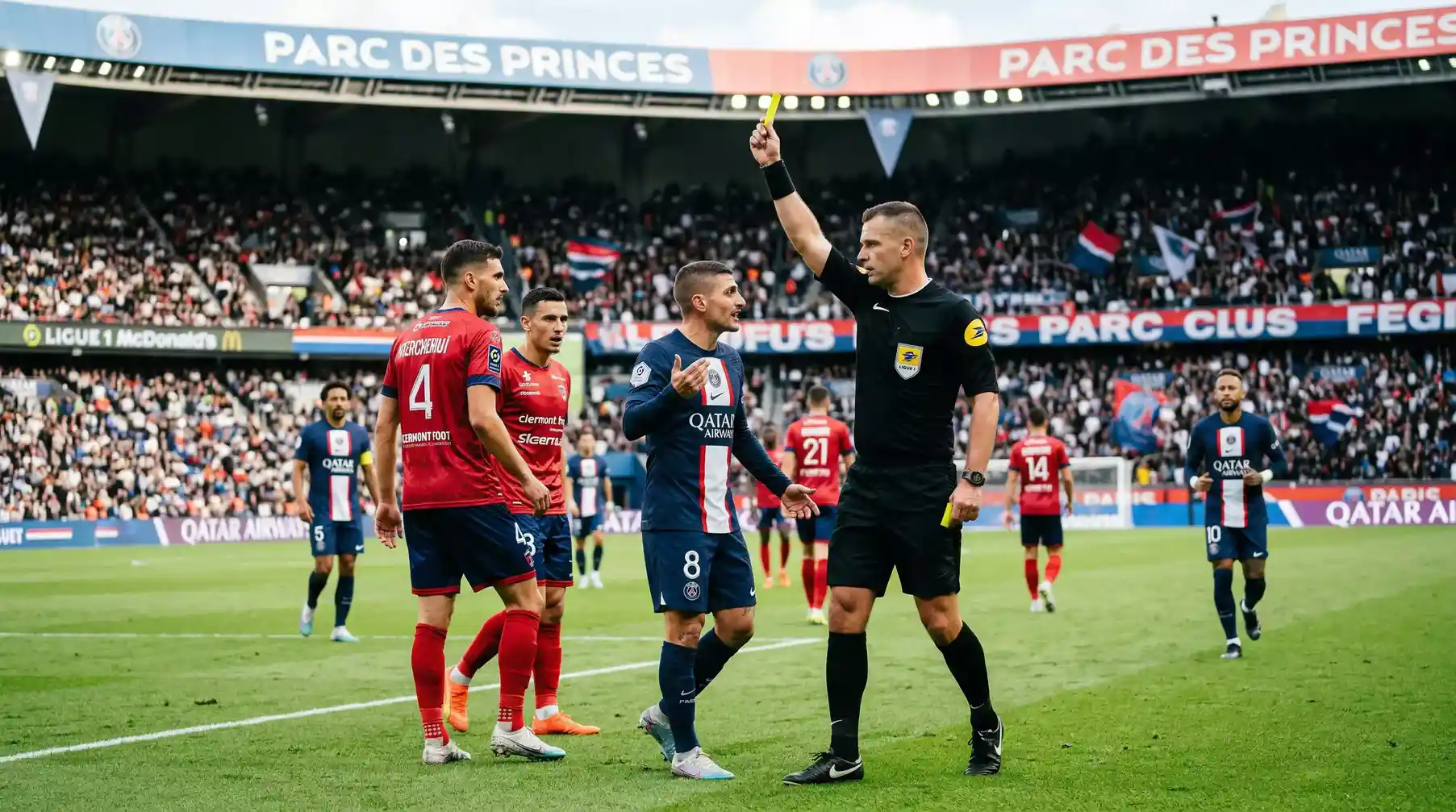Arbitro de futbol sacando una tarjeta amarilla durante un partido de la Ligue 1