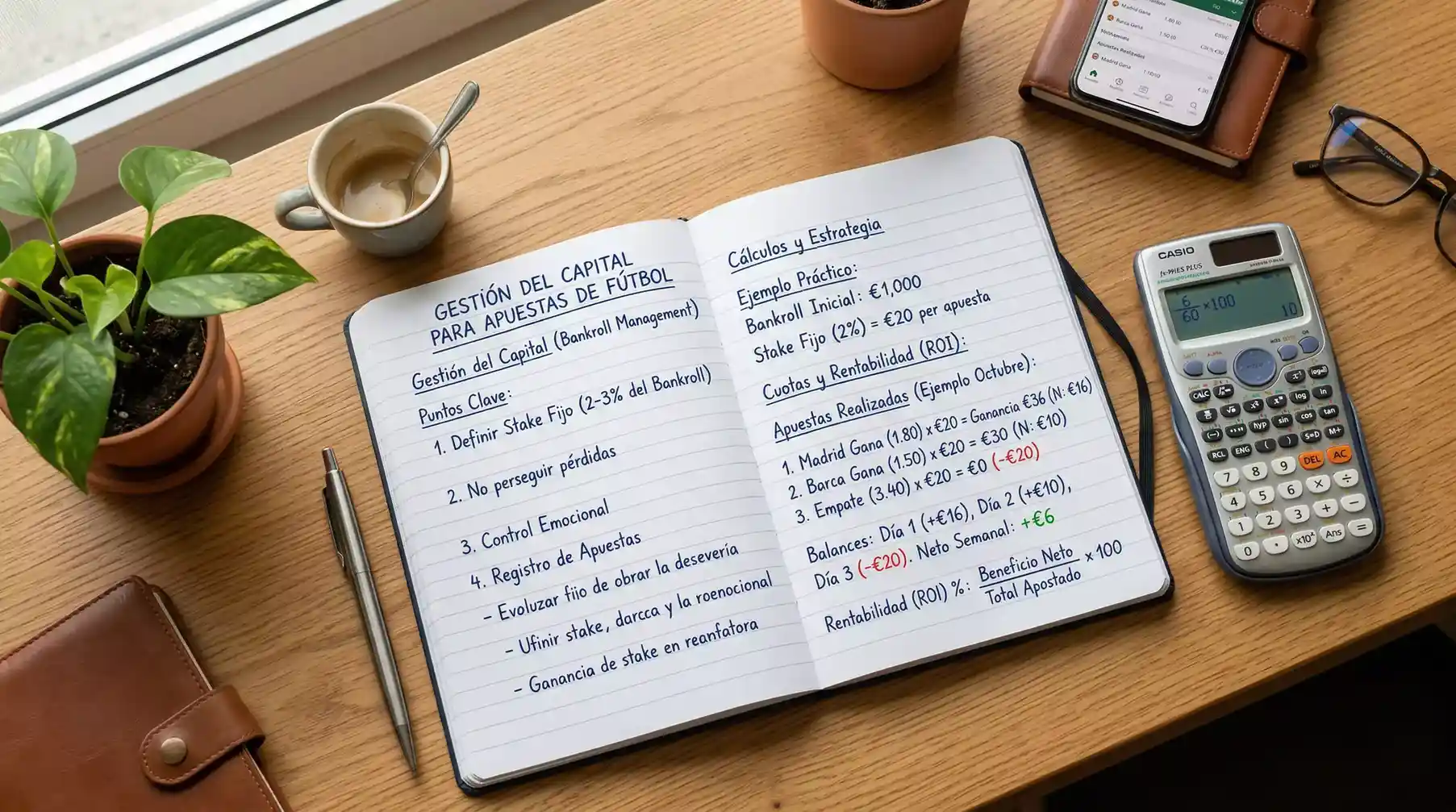 Libreta abierta con anotaciones y una calculadora sobre un escritorio ordenado