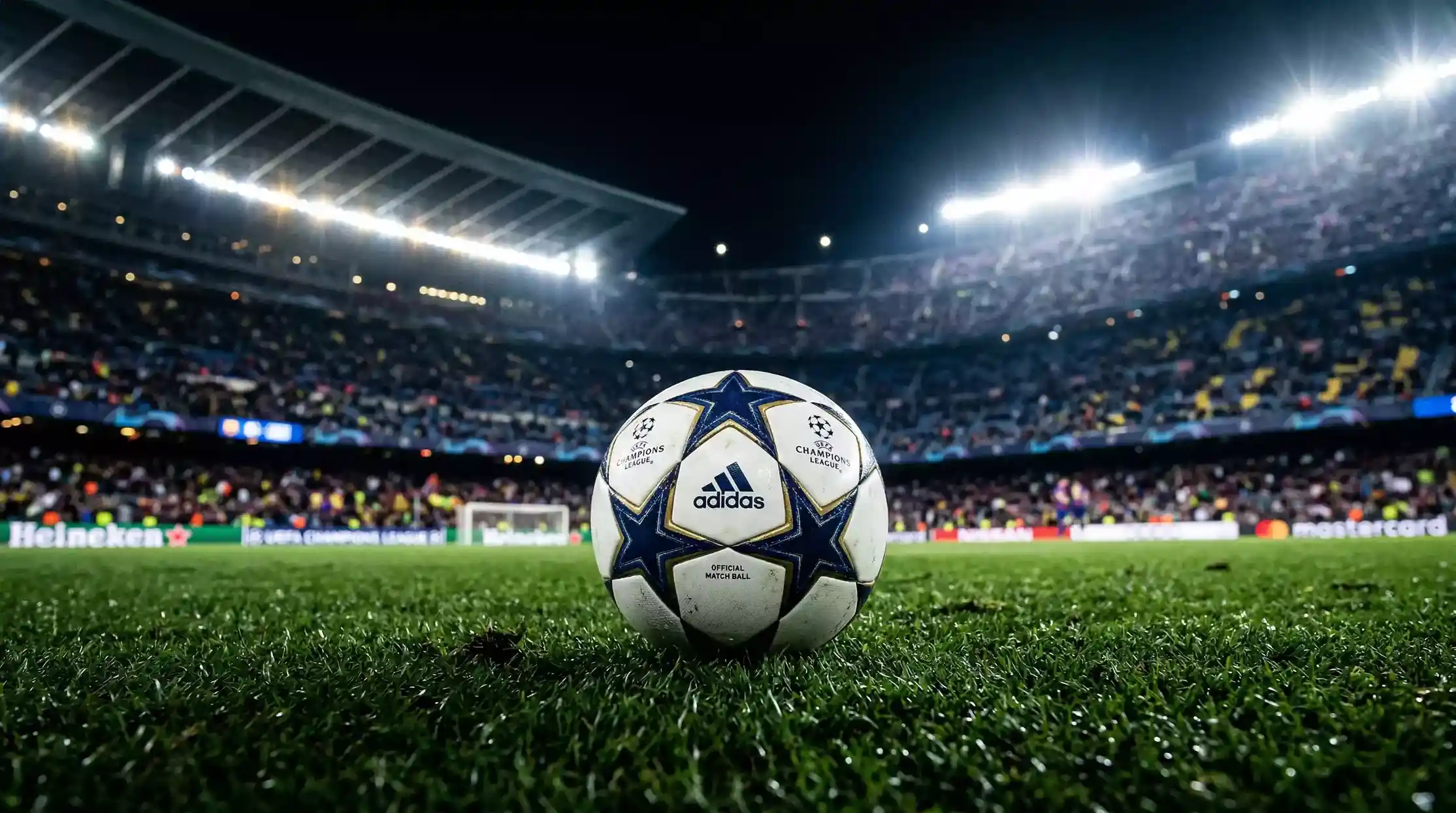 Balon de la Champions League sobre el cesped de un estadio con las luces encendidas de noche