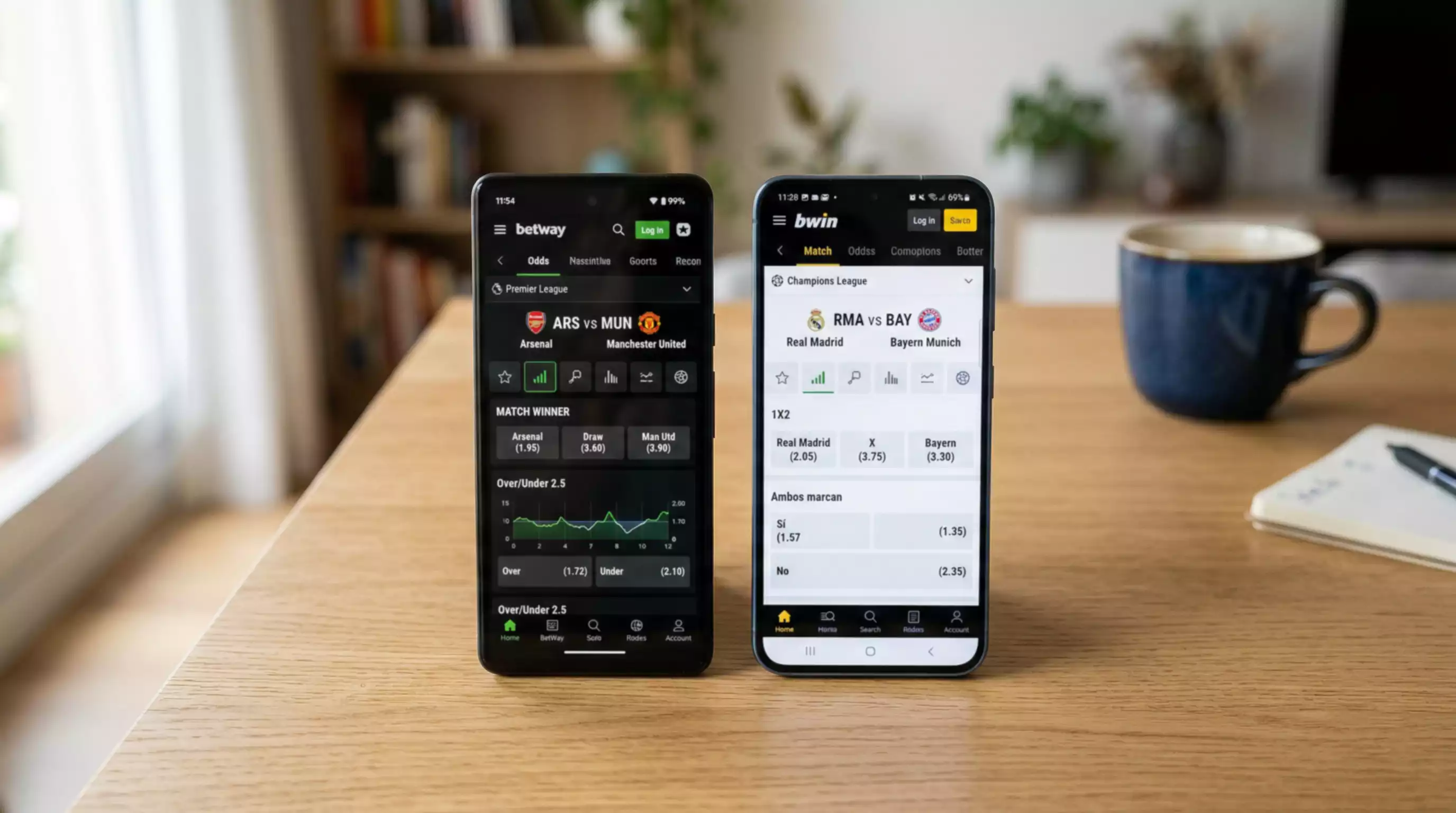Dos pantallas de movil mostrando cuotas de apuestas de futbol sobre una mesa