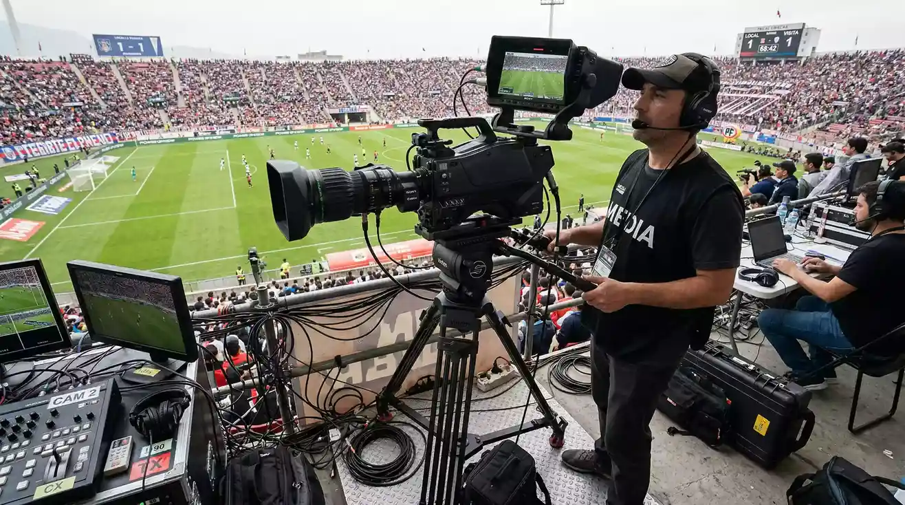 Camara de television profesional enfocando un campo de futbol desde la tribuna de un estadio