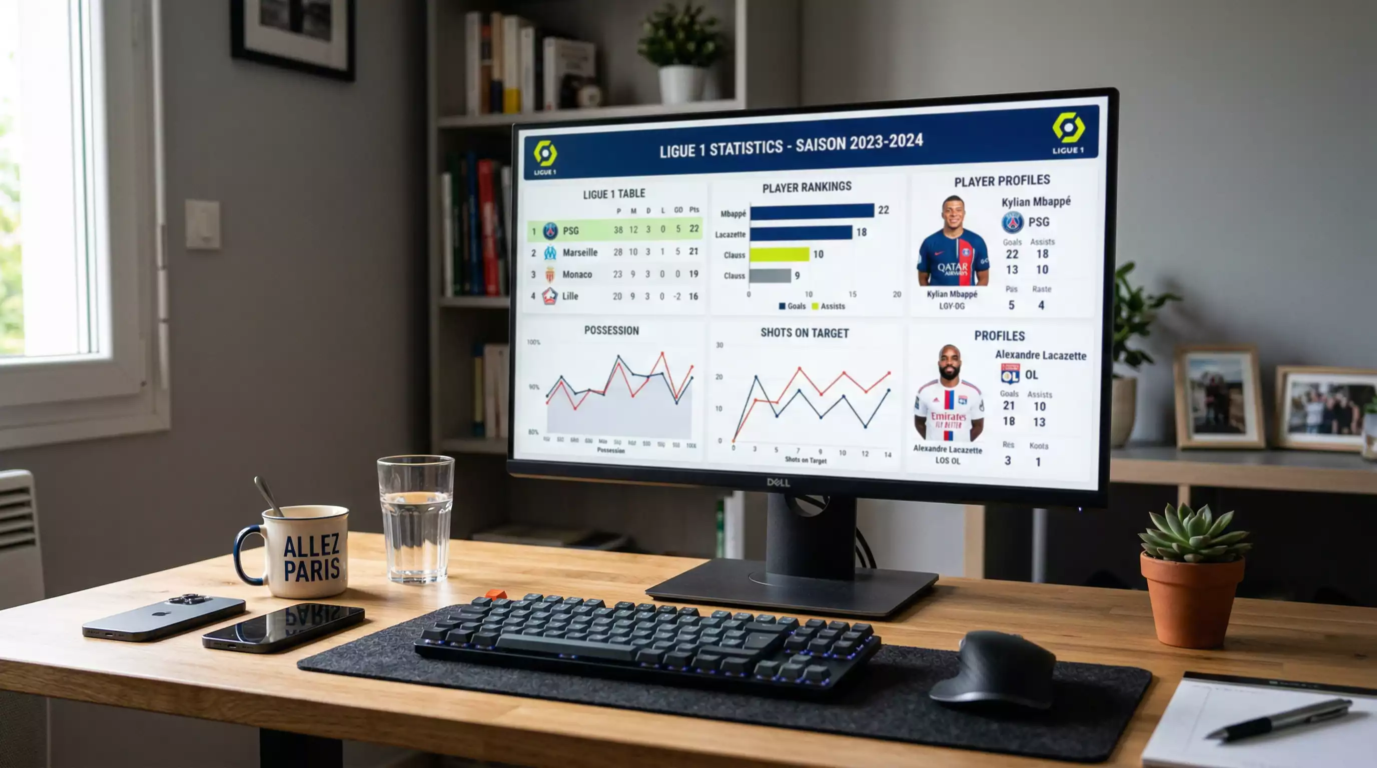 Pantalla de ordenador mostrando graficos y tablas de estadisticas de futbol de la Ligue 1