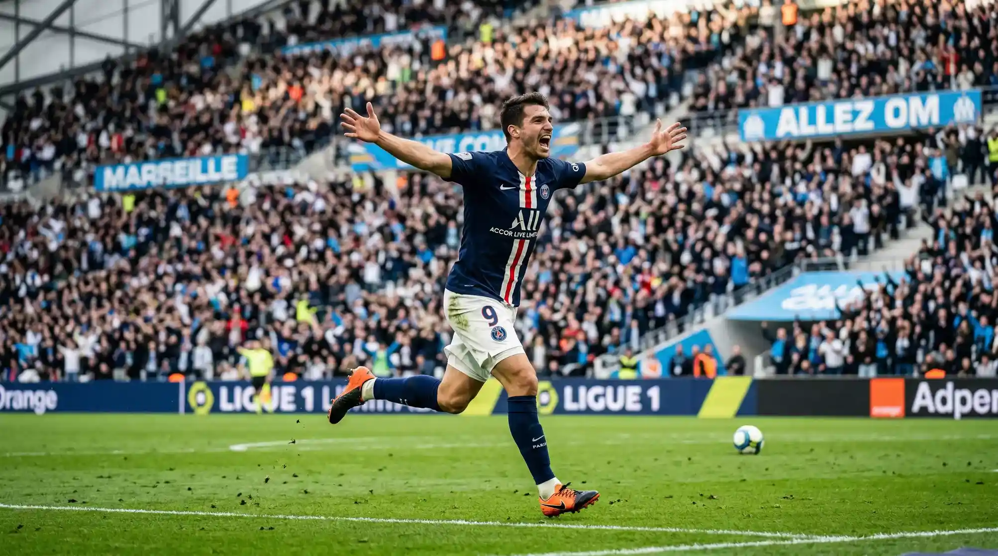 Delantero de futbol celebrando un gol en un estadio de la Ligue 1 con los brazos abiertos