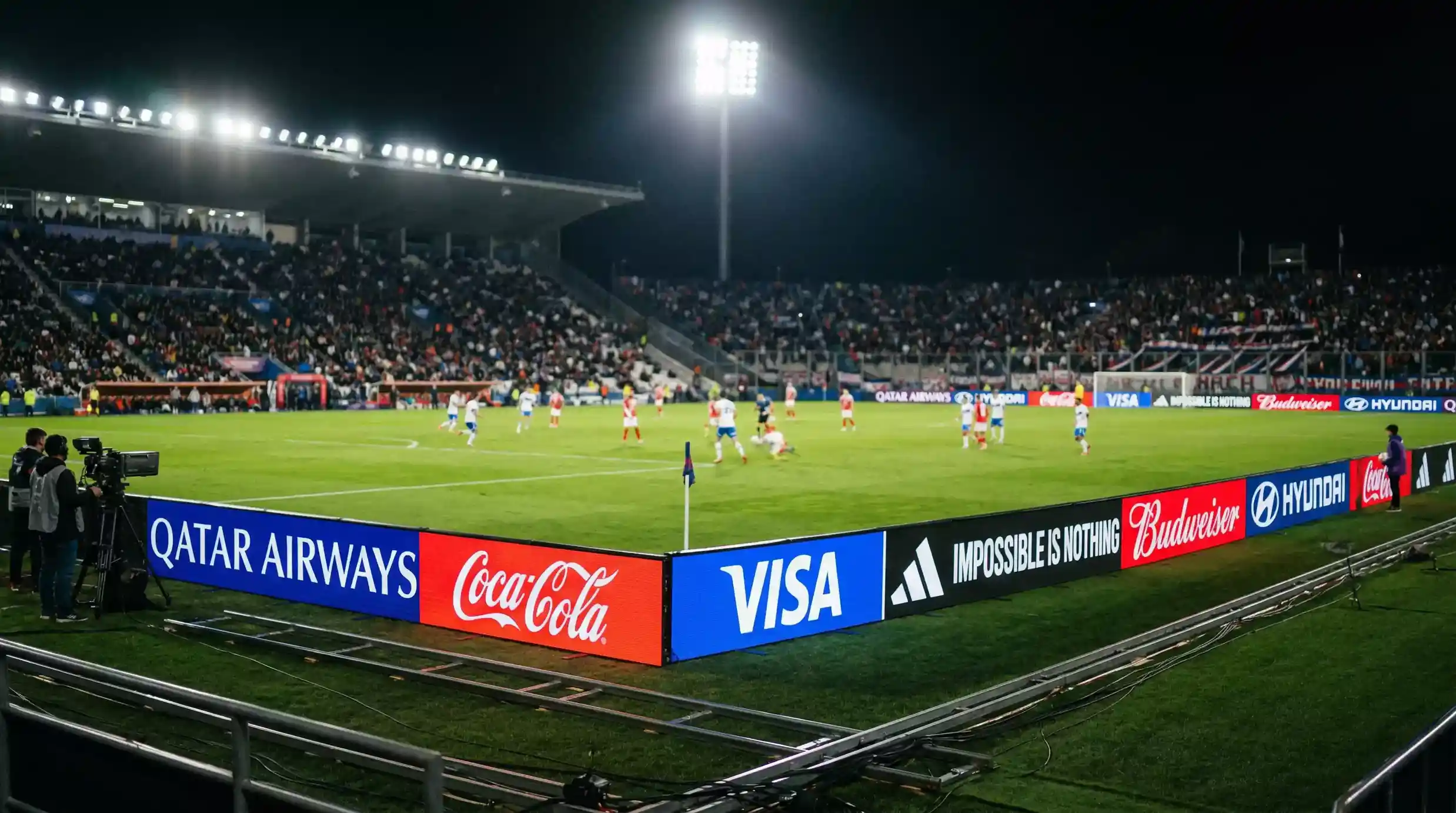 Vallas publicitarias alrededor de un campo de futbol durante un partido nocturno