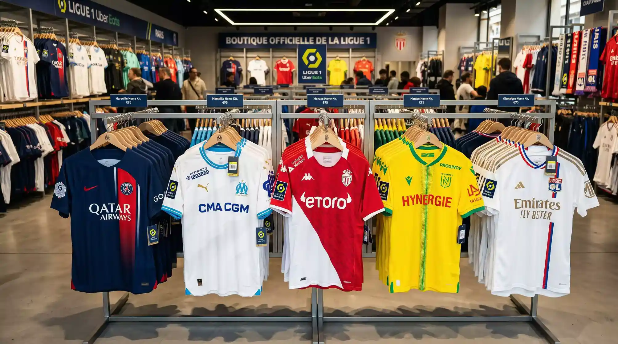 Camisetas de equipos de la Ligue 1 colgadas en una tienda oficial con logos de patrocinadores