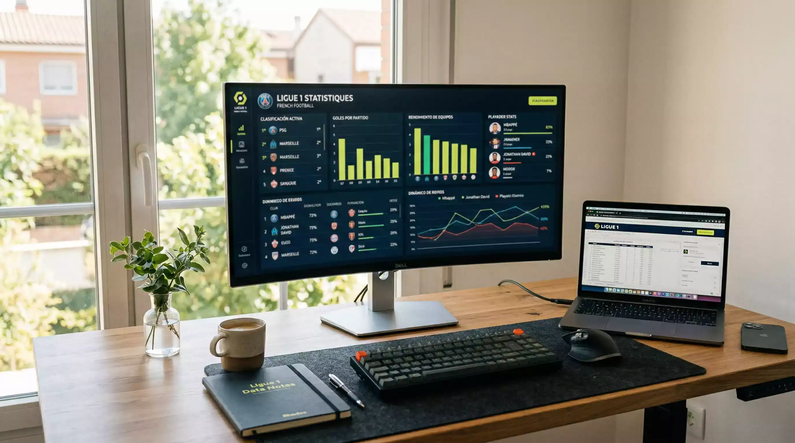 Pantalla de ordenador con graficos de estadisticas de futbol y datos de la Ligue 1 sobre un escritorio