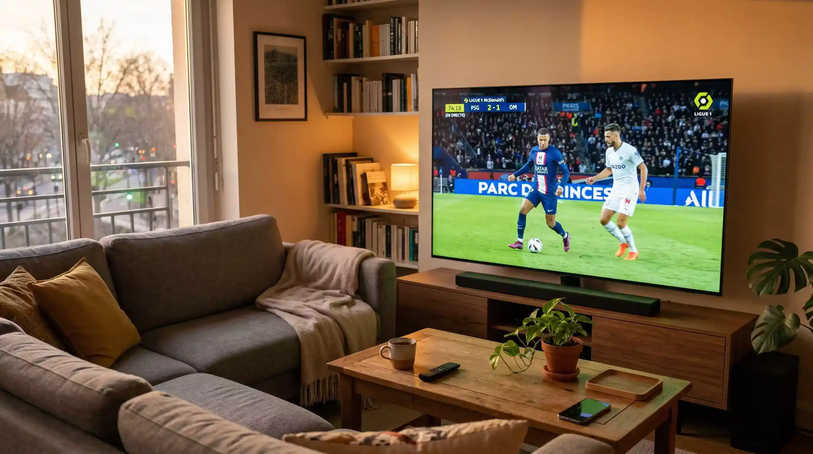 Television de salon mostrando un partido de futbol de la Ligue 1 en directo